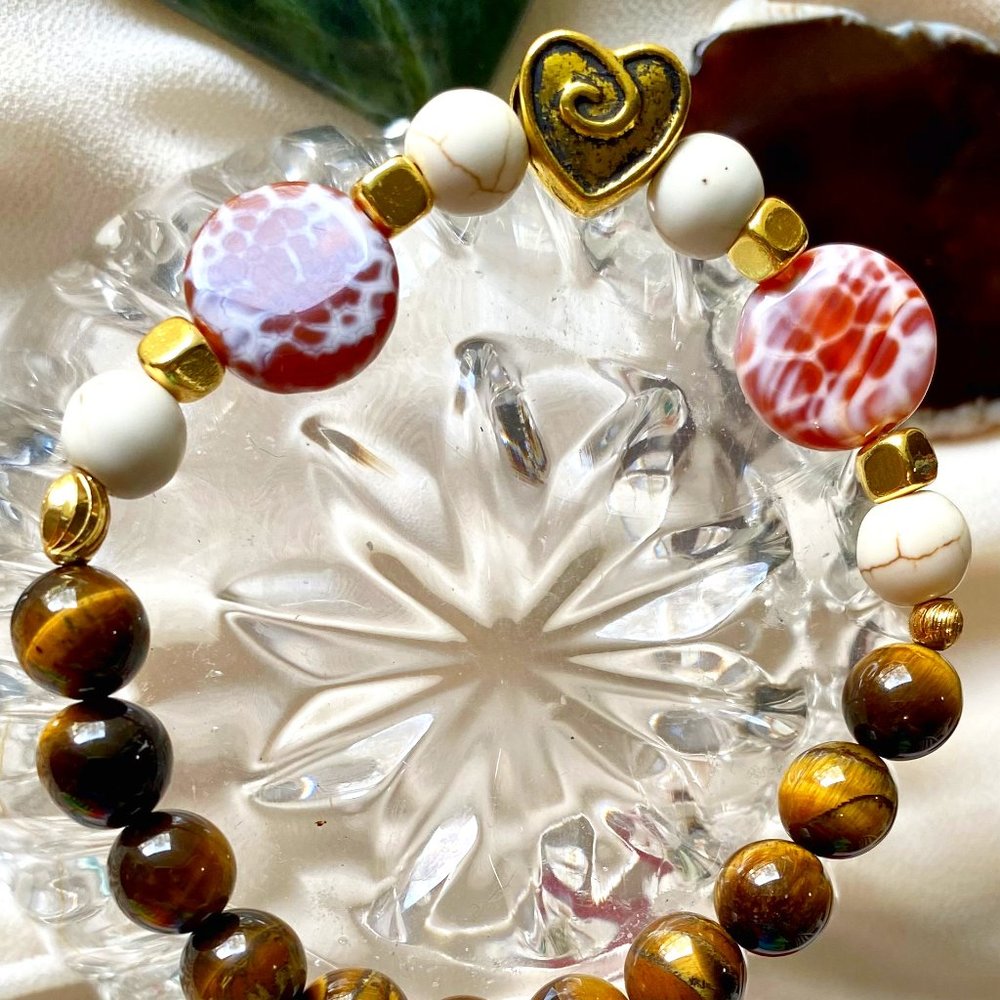 Tigers Eye, Orange Agate and White Howelite Precious Stone Bracelet
